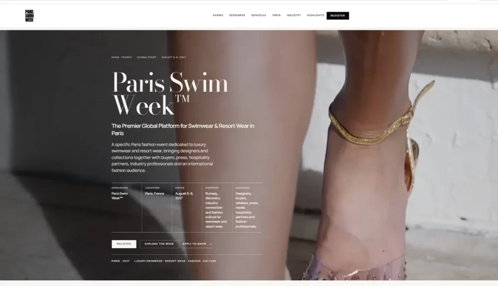 Paris Swim Week website preview illustrating editorial digital experience design